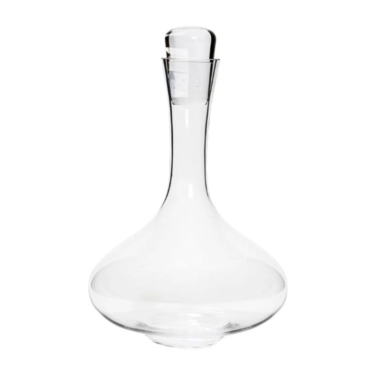Bred, rund karaffel i klart glas med lang hals og glasprop