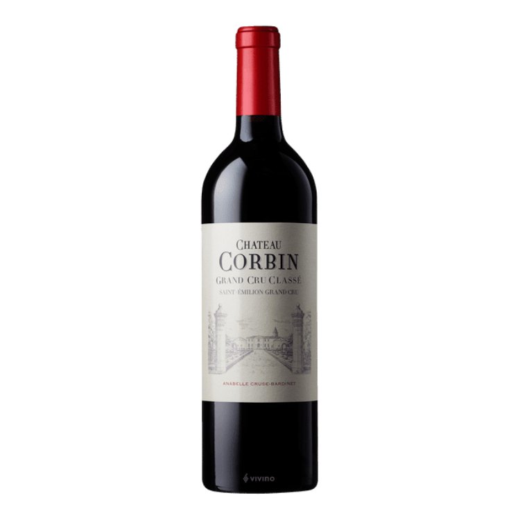 Rødvinsflaske Château Corbin Grand Cru Classé med rød kapsel og tegnet slot på etiketten