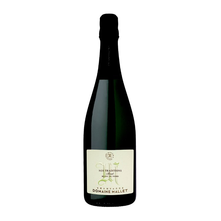 Mørkegrøn champagneflaske Domaine Mallet Nos Traditions med lys etiket