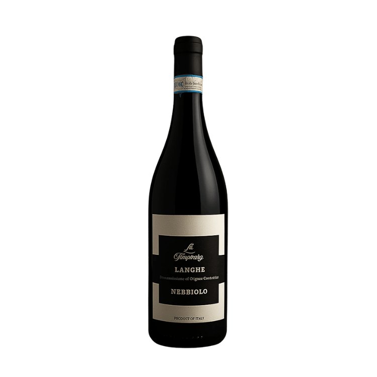 Mørk flaske Langhe Nebbiolo La Farghetta med sort og creme etiket