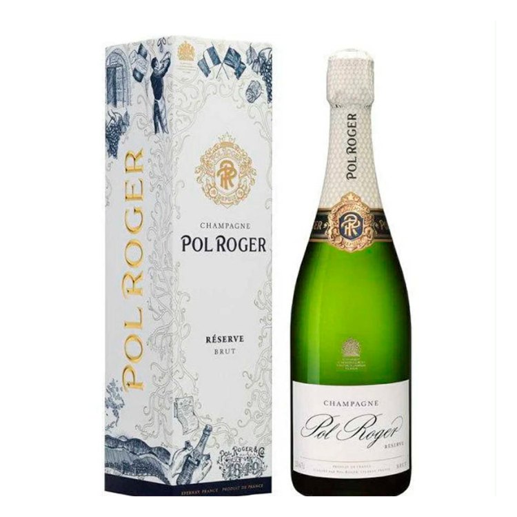 Flaske Pol Roger Réserve Brut ved siden af sin hvide og blå gaveæske