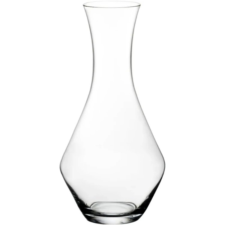 Høj karaffel i klart glas med smal hals og bred bund